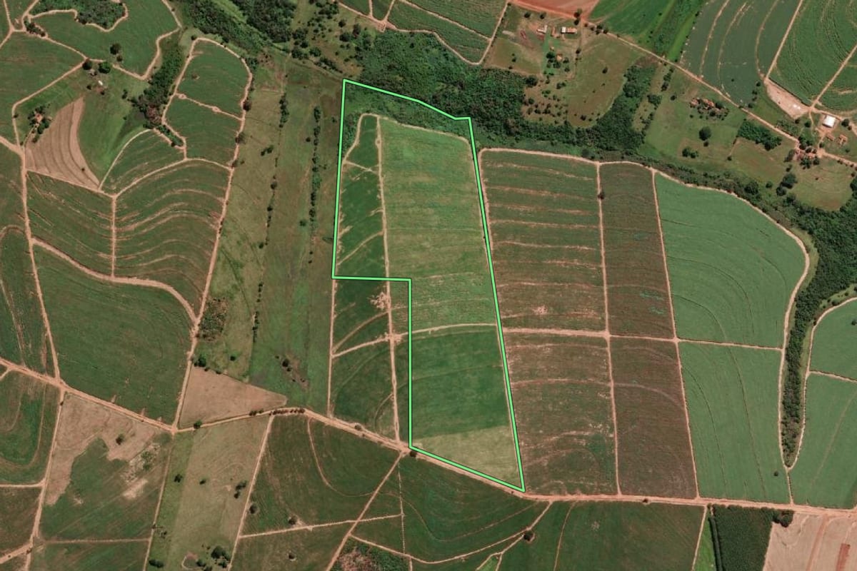Imagem de satélite do imóvel rural em General Salgado (SP), com o contorno declarado no CAR desenhado por cima.