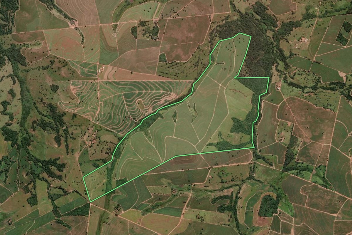 Imagem de satélite do imóvel rural em General Salgado (SP), com o contorno declarado no CAR desenhado por cima.