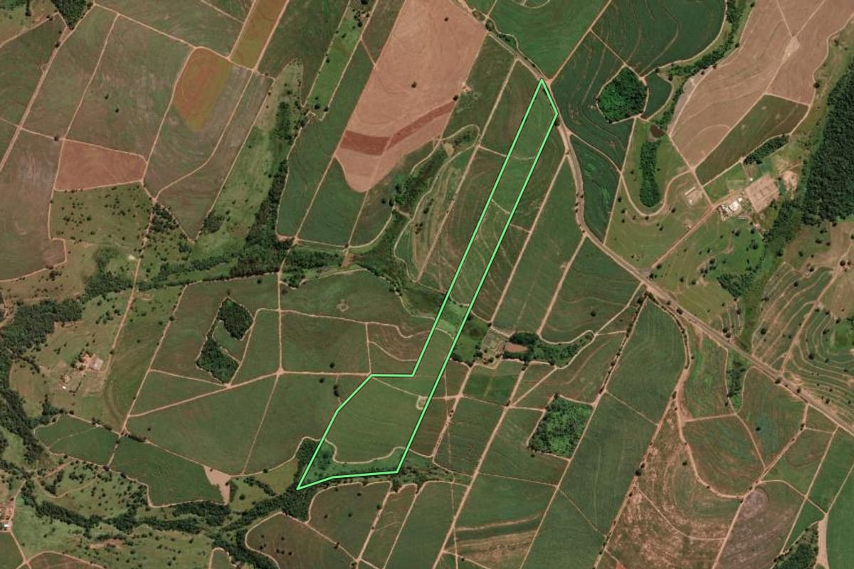 Imagem de satélite do imóvel rural em General Salgado (SP), com o contorno declarado no CAR desenhado por cima.