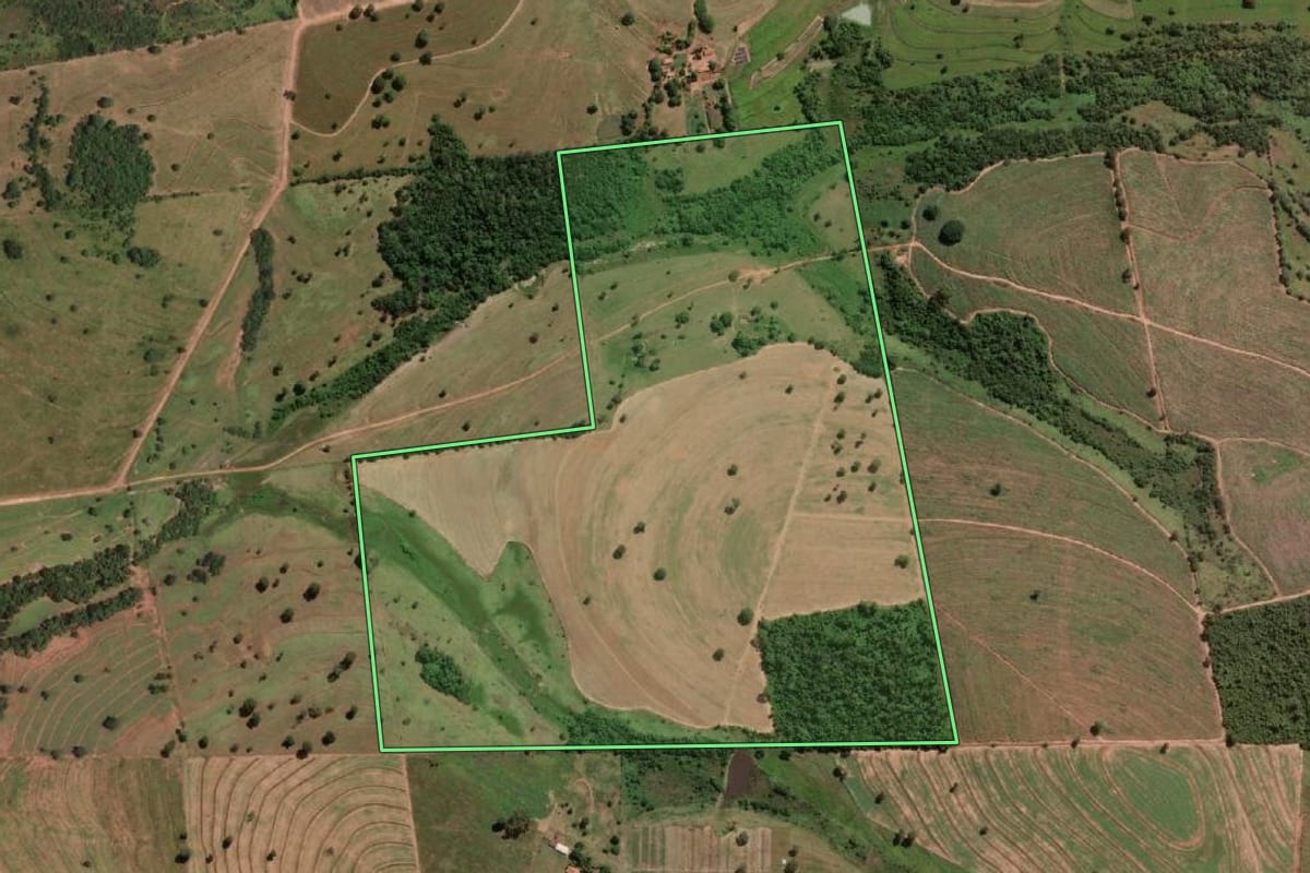 Imagem de satélite do imóvel rural em General Salgado (SP), com o contorno declarado no CAR desenhado por cima.