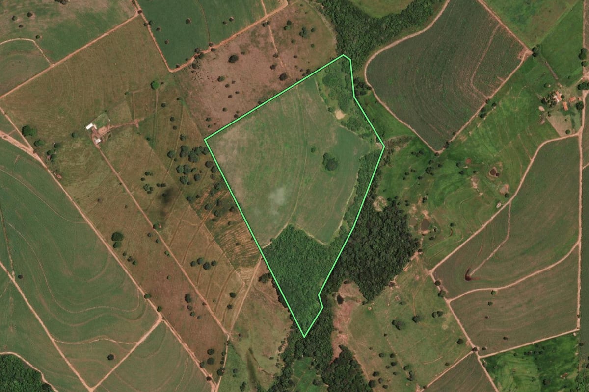 Imagem de satélite do imóvel rural em General Salgado (SP), com o contorno declarado no CAR desenhado por cima.