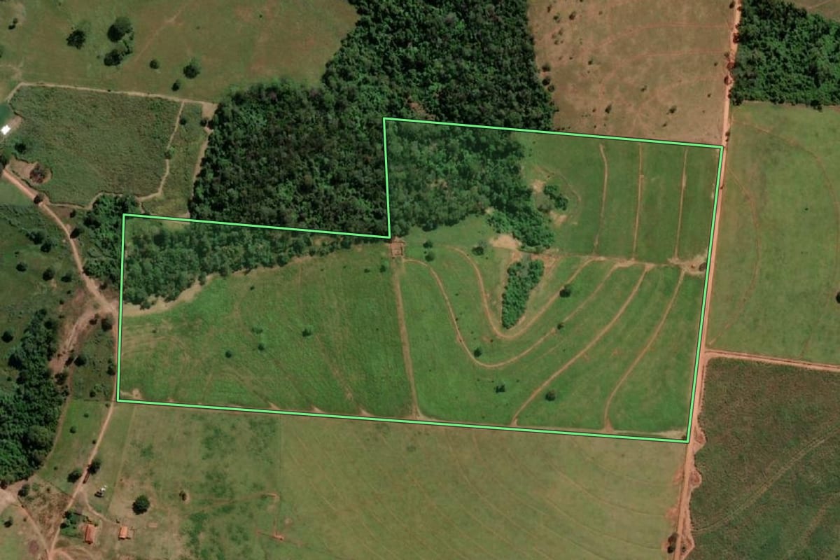 Imagem de satélite do imóvel rural em General Salgado (SP), com o contorno declarado no CAR desenhado por cima.