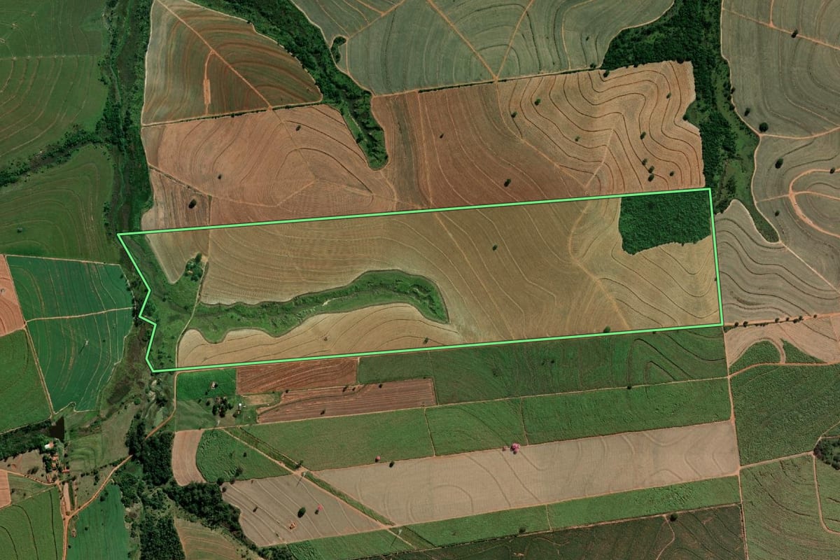 Imagem de satélite do imóvel rural em Getulina (SP), com o contorno declarado no CAR desenhado por cima.