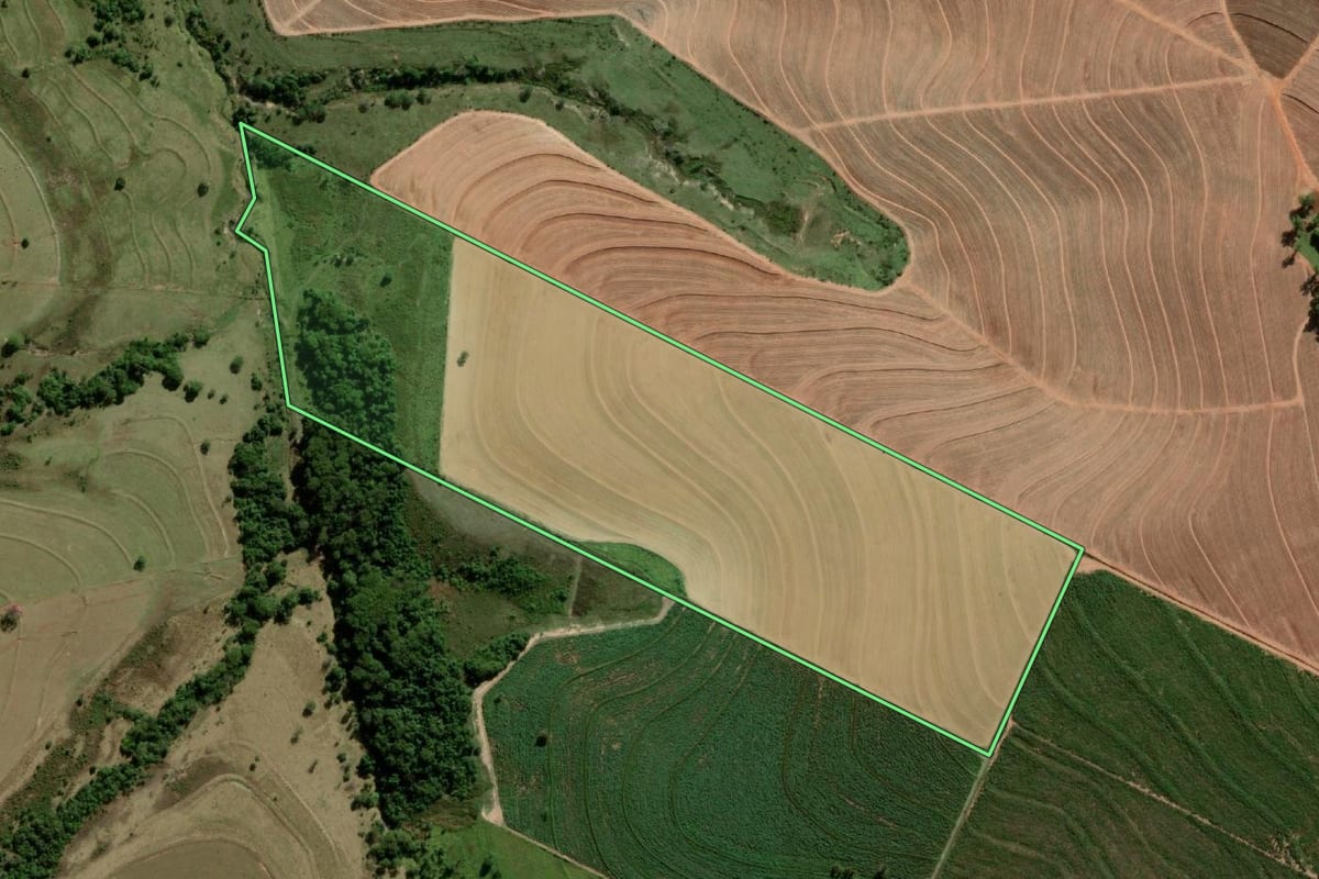 Imagem de satélite do imóvel rural em Getulina (SP), com o contorno declarado no CAR desenhado por cima.