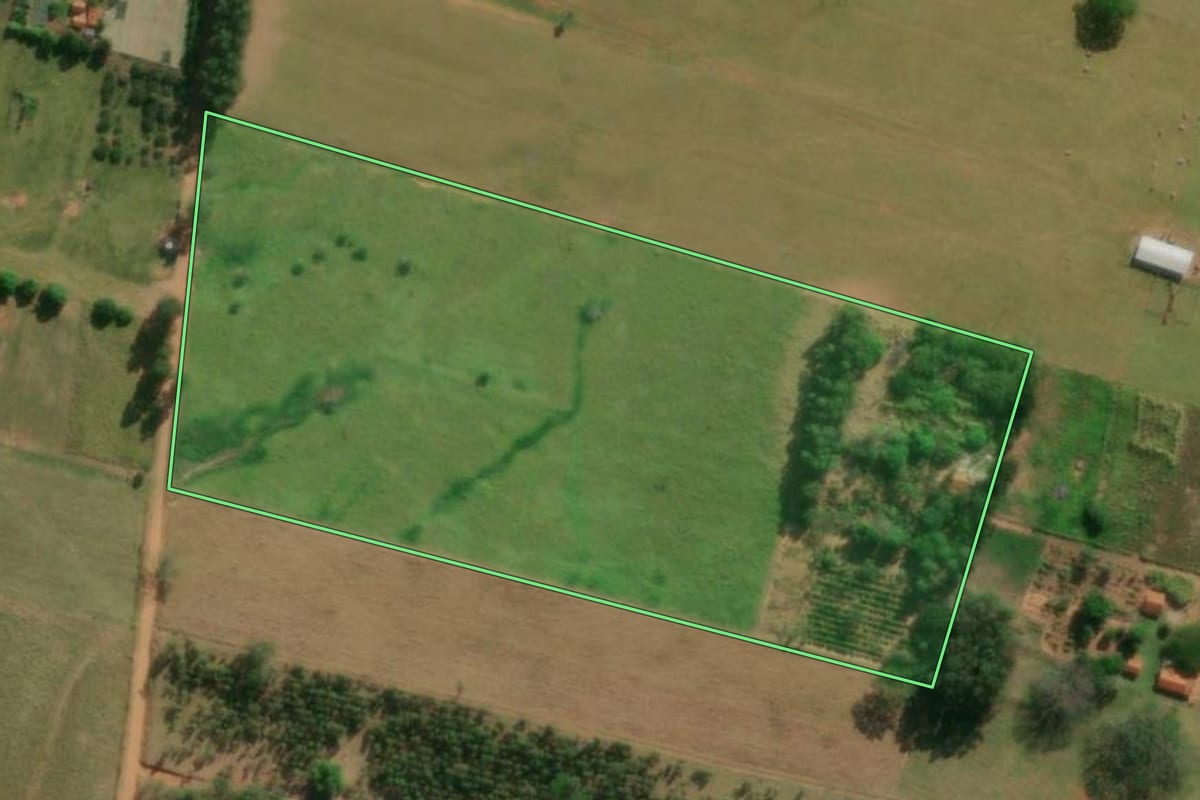 Imagem de satélite do imóvel rural em Getulina (SP), com o contorno declarado no CAR desenhado por cima.