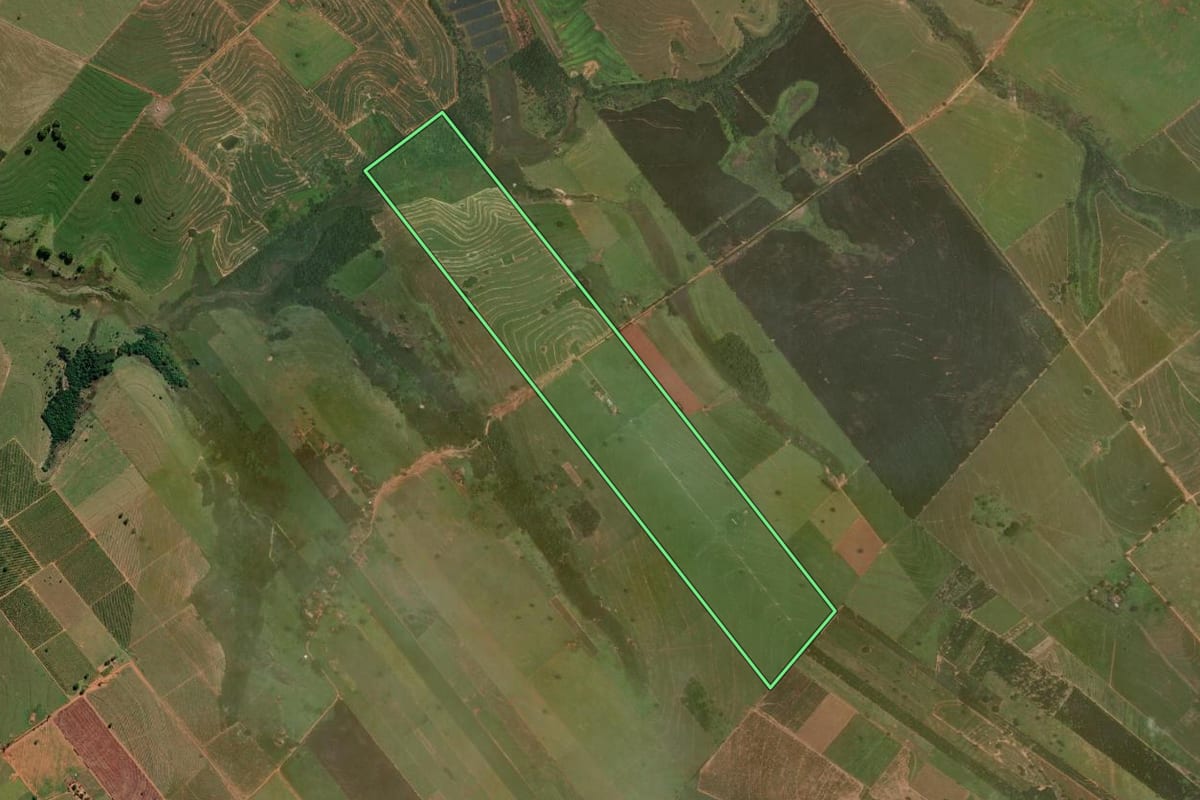 Imagem de satélite do imóvel rural em Getulina (SP), com o contorno declarado no CAR desenhado por cima.