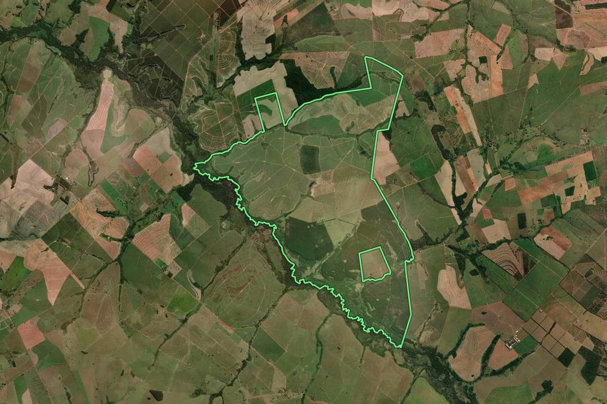 Imagem de satélite do imóvel rural em Getulina (SP), com o contorno declarado no CAR desenhado por cima.
