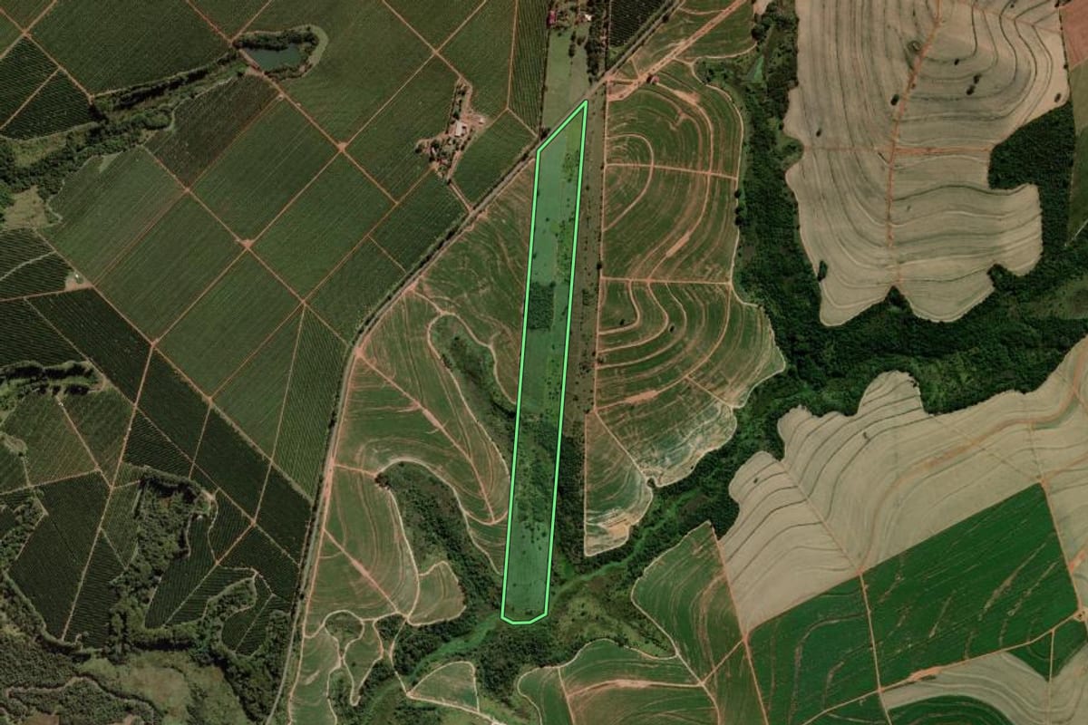 Imagem de satélite do imóvel rural em Getulina (SP), com o contorno declarado no CAR desenhado por cima.