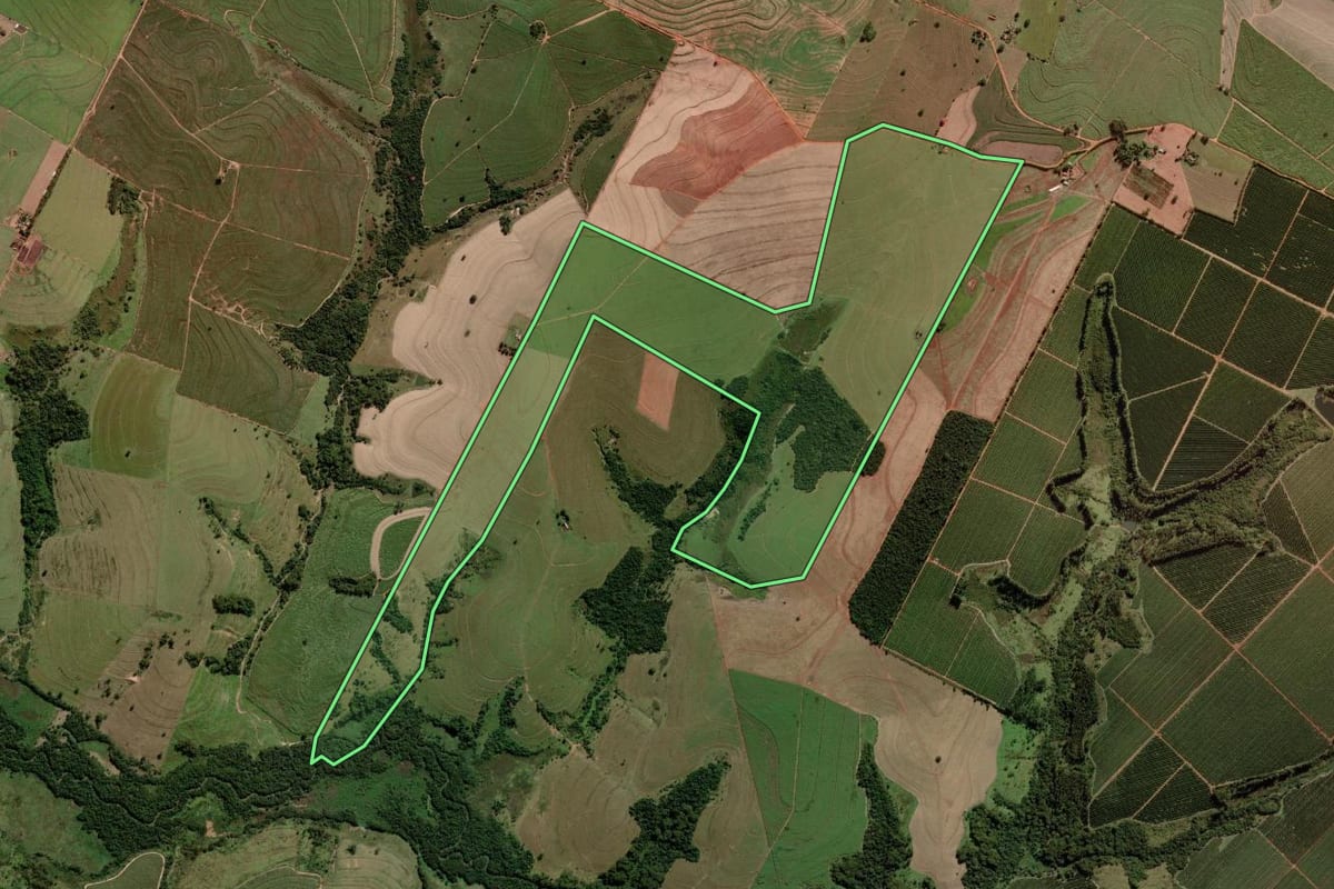 Imagem de satélite do imóvel rural em Getulina (SP), com o contorno declarado no CAR desenhado por cima.