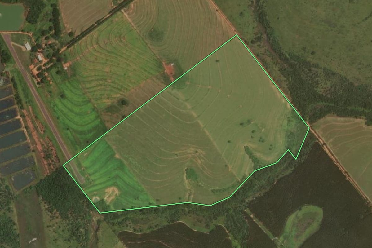 Imagem de satélite do imóvel rural em Getulina (SP), com o contorno declarado no CAR desenhado por cima.