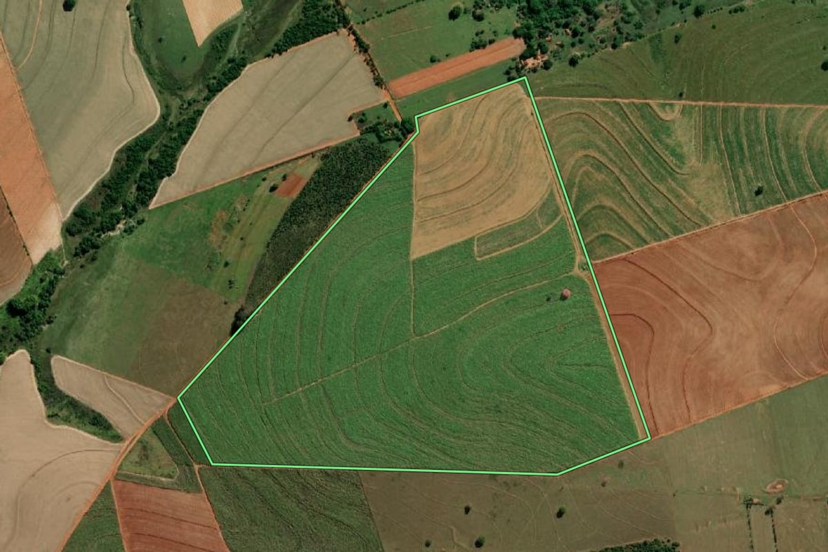 Imagem de satélite do imóvel rural em Getulina (SP), com o contorno declarado no CAR desenhado por cima.