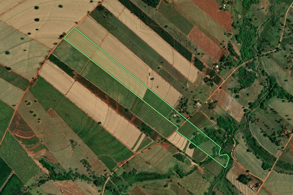 Imagem de satélite do imóvel rural em Glicério (SP), com o contorno declarado no CAR desenhado por cima.