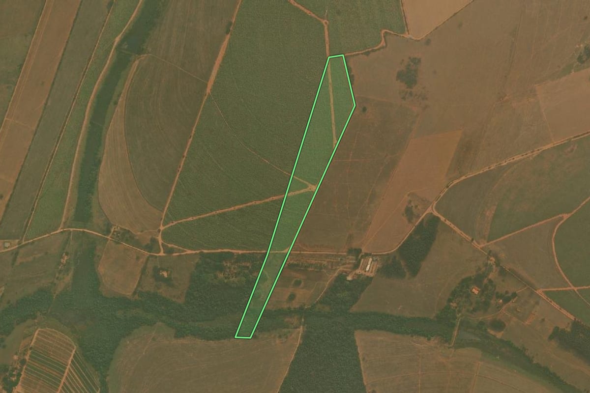 Imagem de satélite do imóvel rural em Guaiçara (SP), com o contorno declarado no CAR desenhado por cima.