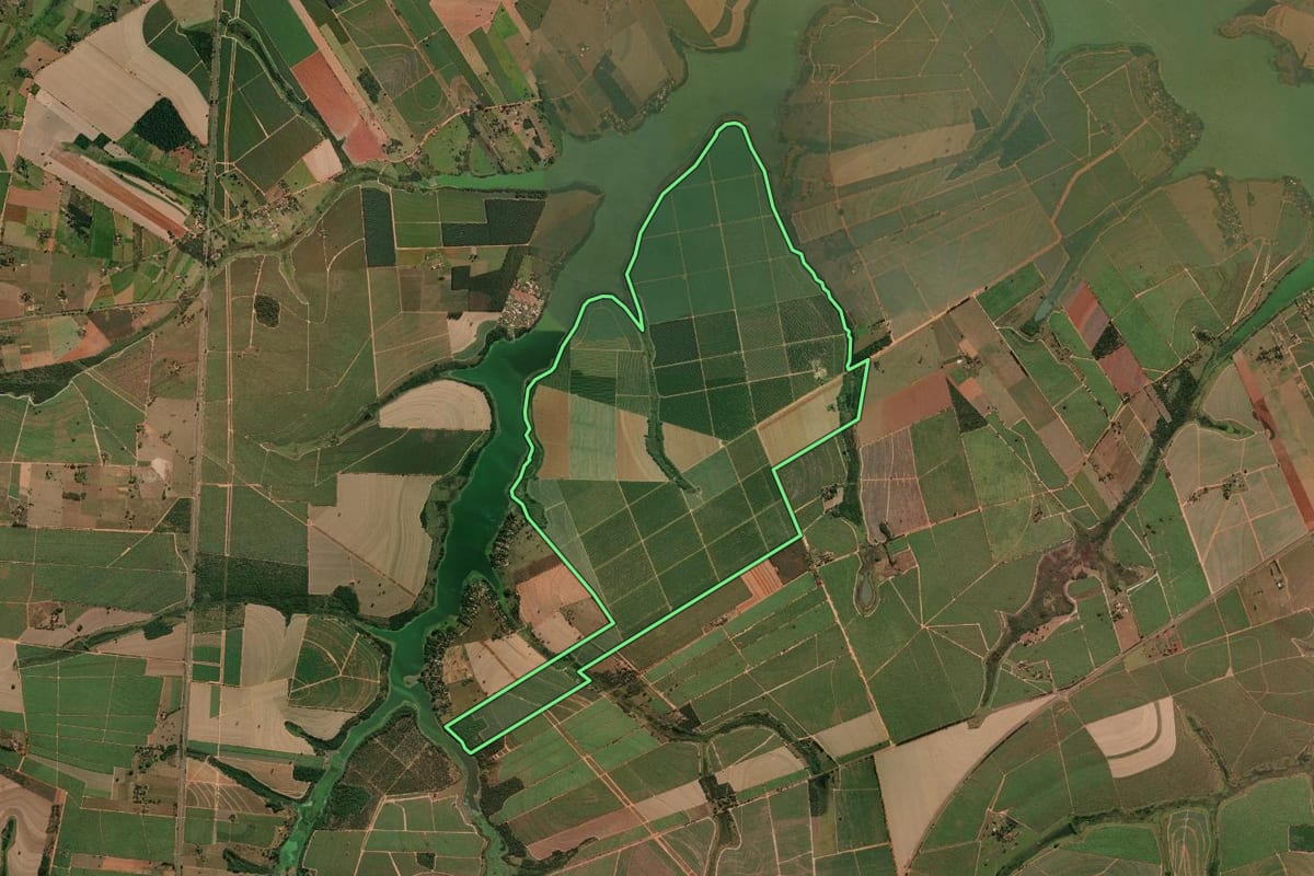 Imagem de satélite do imóvel rural em Guaiçara (SP), com o contorno declarado no CAR desenhado por cima.