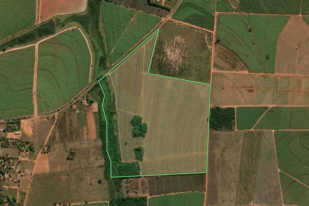 Imagem de satélite do imóvel rural em Guaiçara (SP), com o contorno declarado no CAR desenhado por cima.