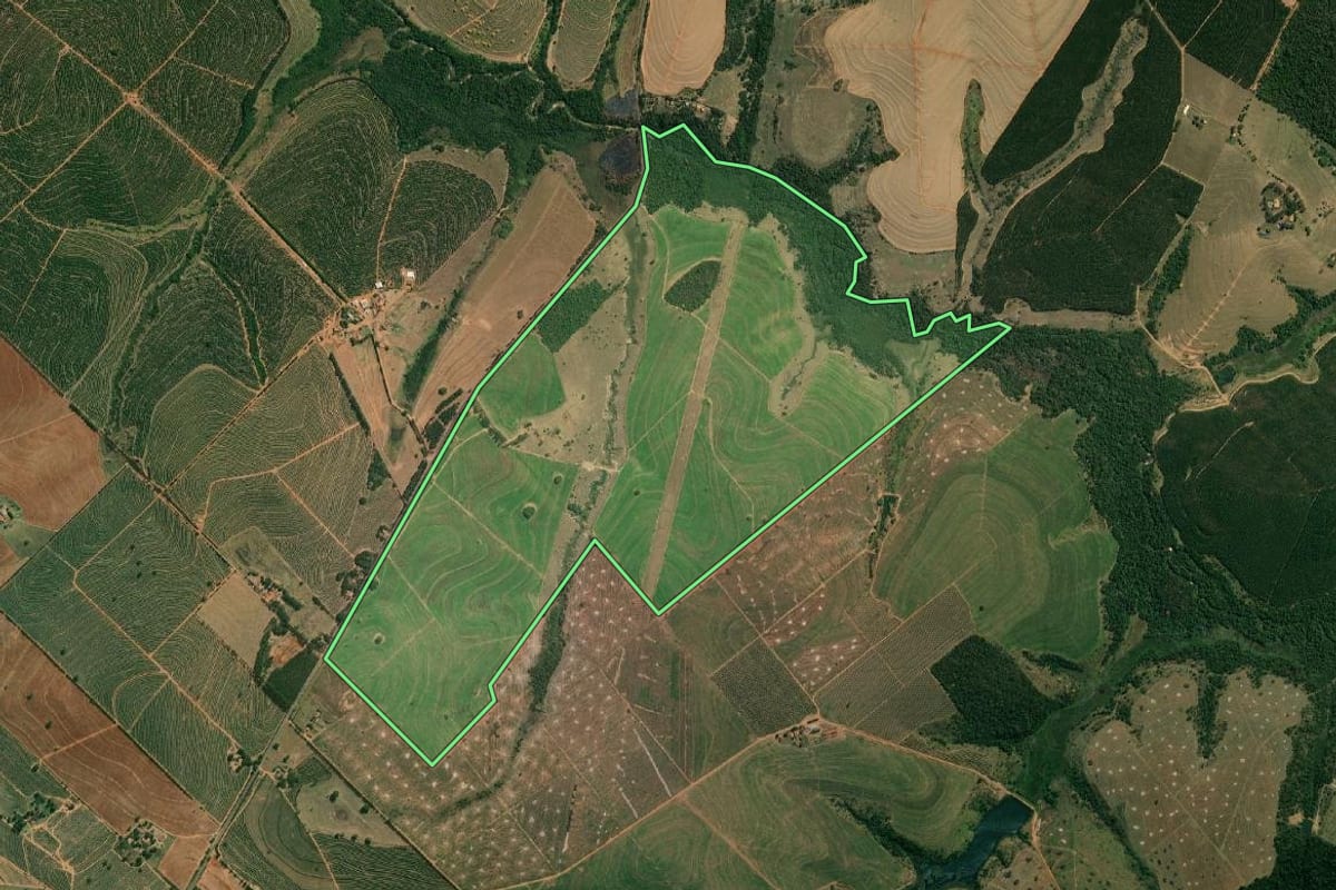 Imagem de satélite do imóvel rural em Guaimbê (SP), com o contorno declarado no CAR desenhado por cima.