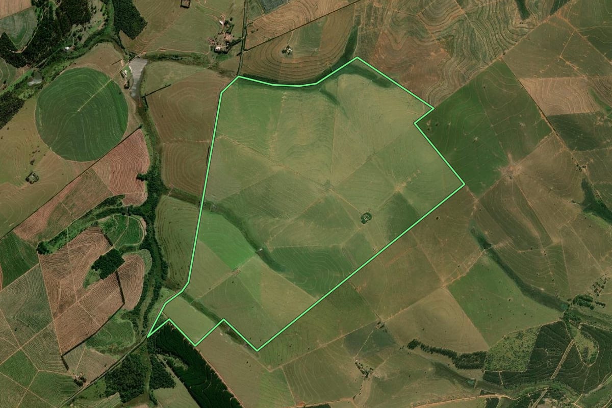 Imagem de satélite do imóvel rural em Guaimbê (SP), com o contorno declarado no CAR desenhado por cima.