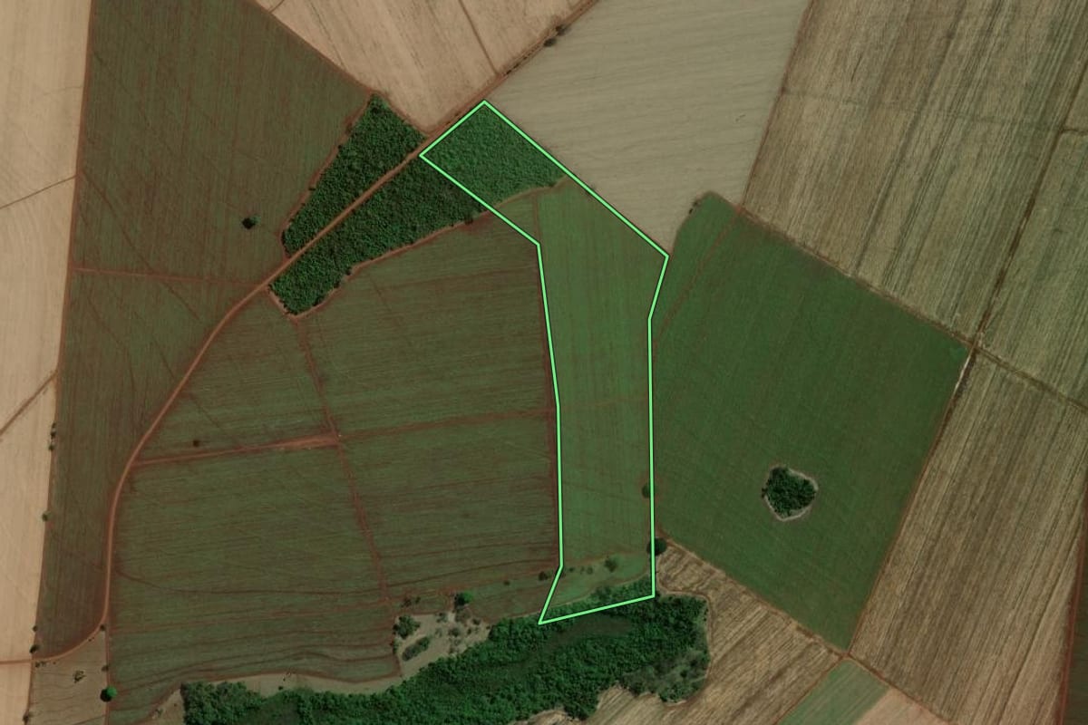 Imagem de satélite do imóvel rural em Guaíra (SP), com o contorno declarado no CAR desenhado por cima.