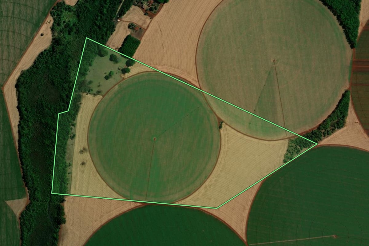 Imagem de satélite do imóvel rural em Guaíra (SP), com o contorno declarado no CAR desenhado por cima.