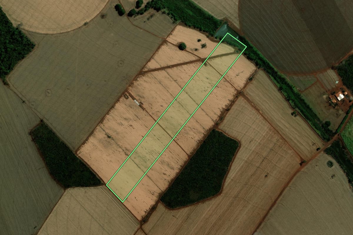 Imagem de satélite do imóvel rural em Guaíra (SP), com o contorno declarado no CAR desenhado por cima.