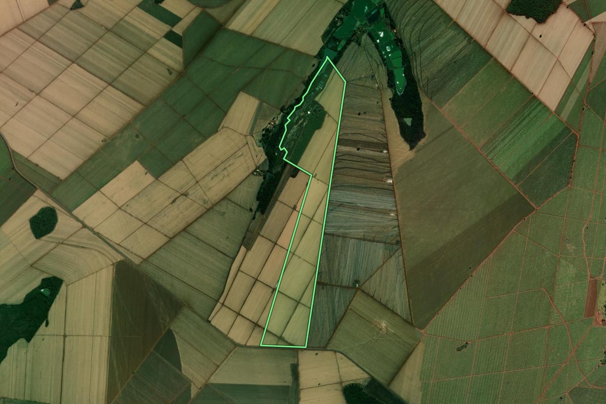 Imagem de satélite do imóvel rural em Guaíra (SP), com o contorno declarado no CAR desenhado por cima.