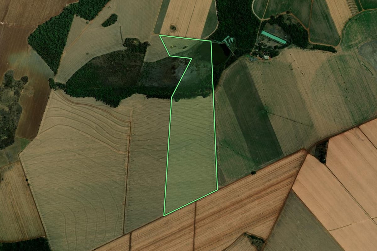 Imagem de satélite do imóvel rural em Guaíra (SP), com o contorno declarado no CAR desenhado por cima.