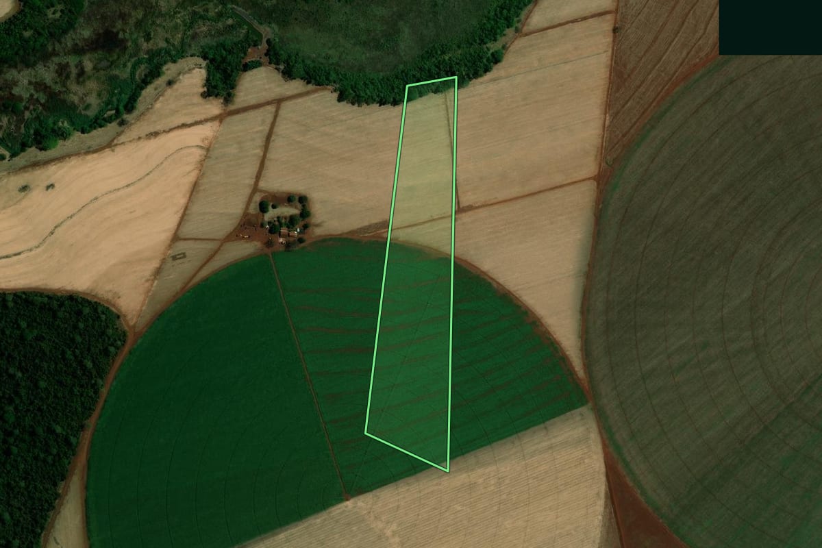 Imagem de satélite do imóvel rural em Guaíra (SP), com o contorno declarado no CAR desenhado por cima.