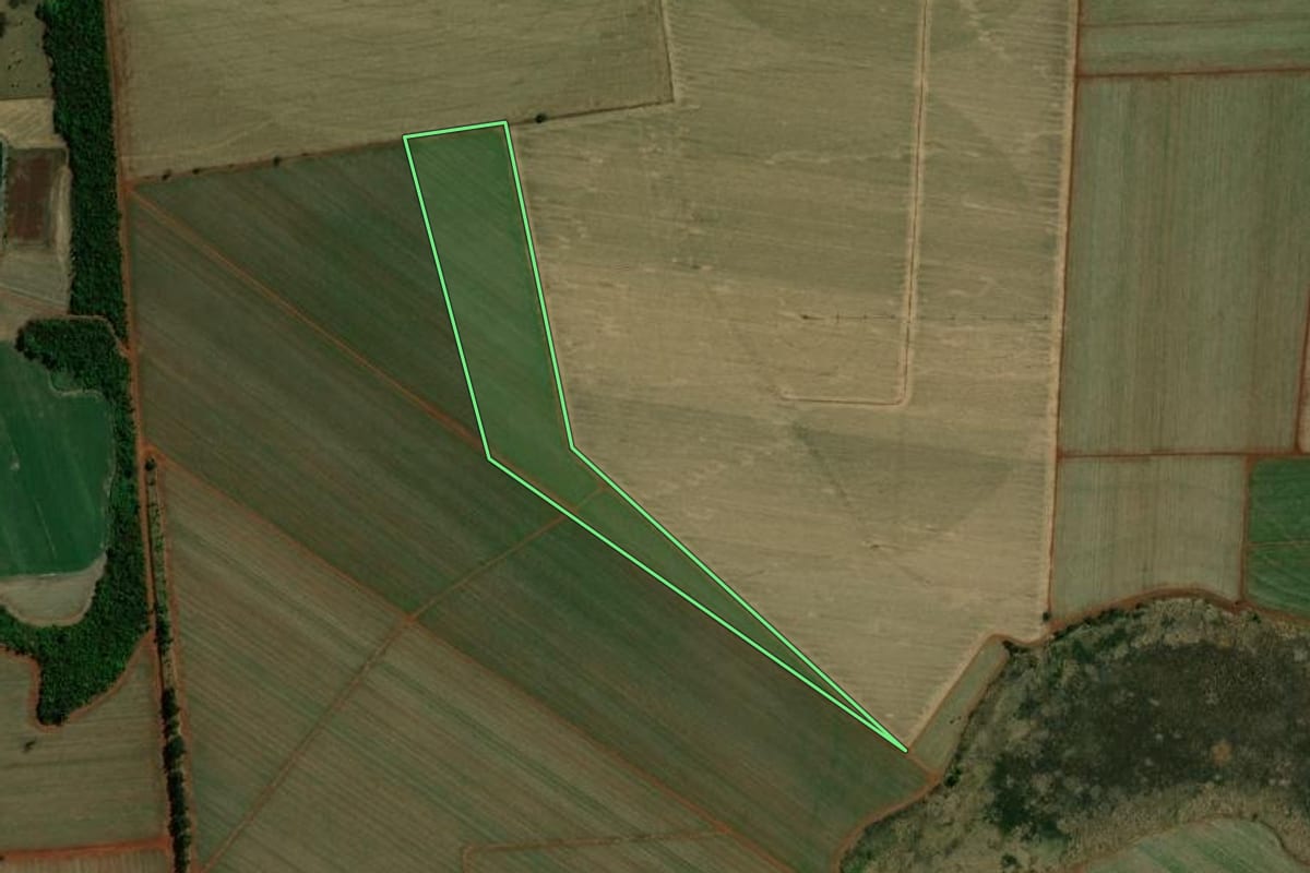 Imagem de satélite do imóvel rural em Guaíra (SP), com o contorno declarado no CAR desenhado por cima.