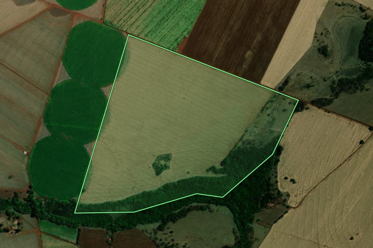 Imagem de satélite do imóvel rural em Guaíra (SP), com o contorno declarado no CAR desenhado por cima.