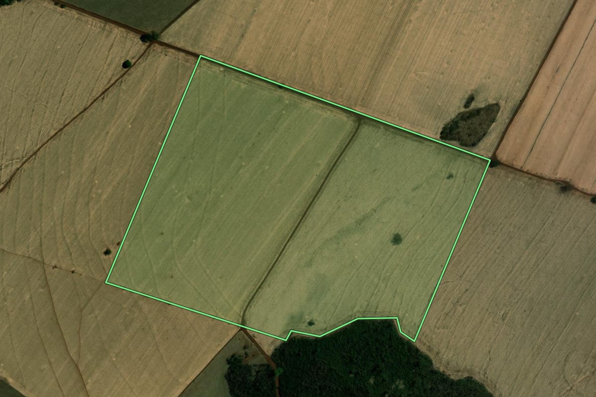Imagem de satélite do imóvel rural em Guaíra (SP), com o contorno declarado no CAR desenhado por cima.