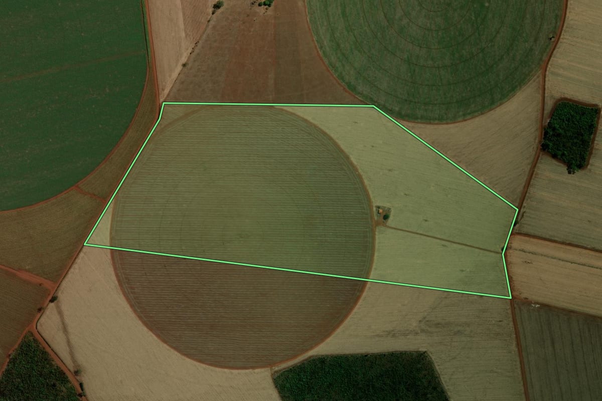 Imagem de satélite do imóvel rural em Guaíra (SP), com o contorno declarado no CAR desenhado por cima.