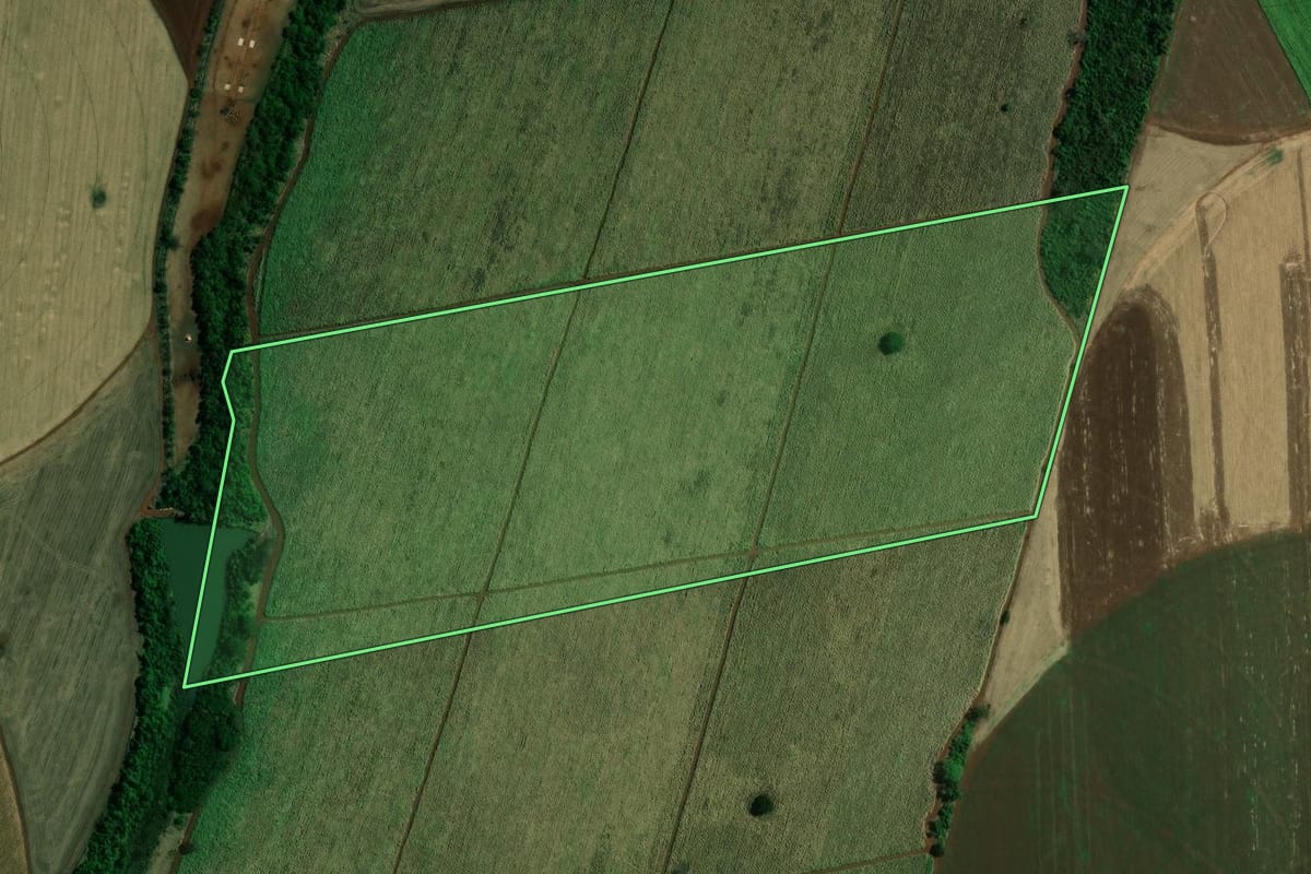 Imagem de satélite do imóvel rural em Guaíra (SP), com o contorno declarado no CAR desenhado por cima.
