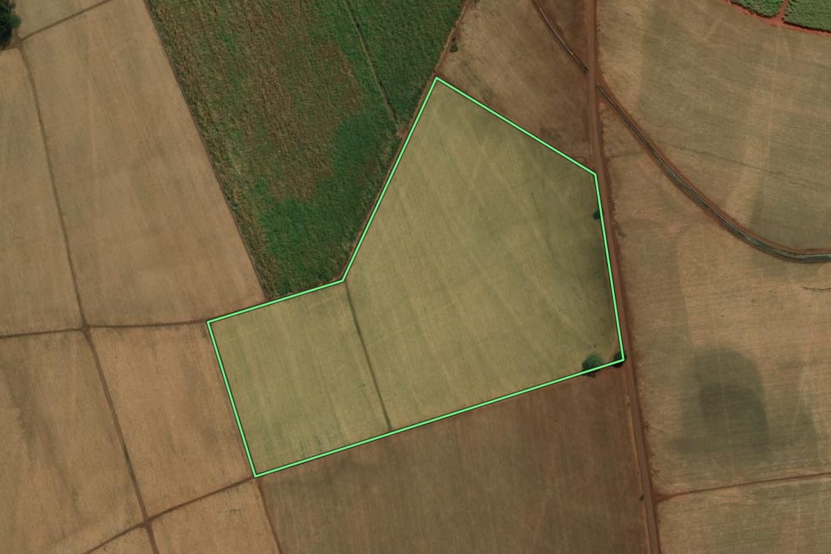 Imagem de satélite do imóvel rural em Guaíra (SP), com o contorno declarado no CAR desenhado por cima.
