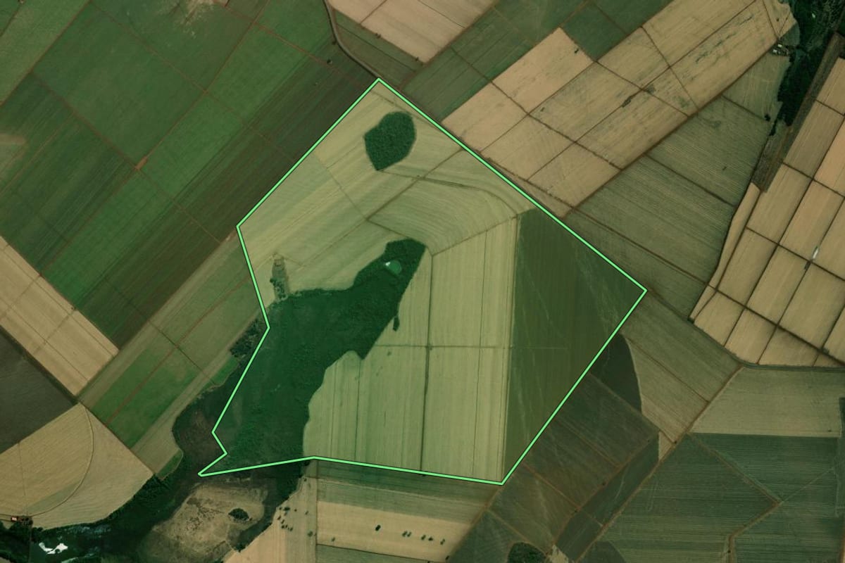 Imagem de satélite do imóvel rural em Guaíra (SP), com o contorno declarado no CAR desenhado por cima.