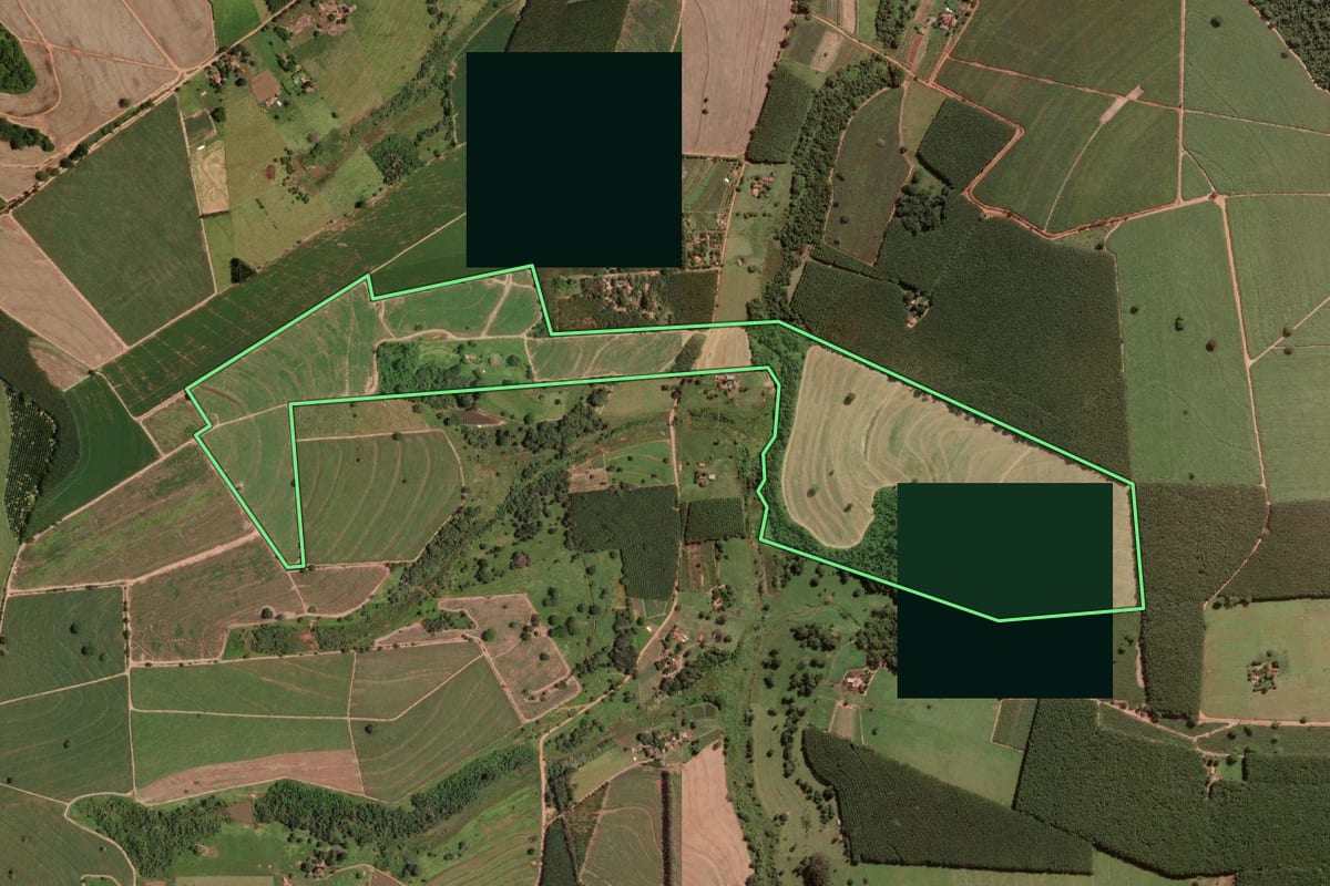 Imagem de satélite do imóvel rural em Guapiaçu (SP), com o contorno declarado no CAR desenhado por cima.