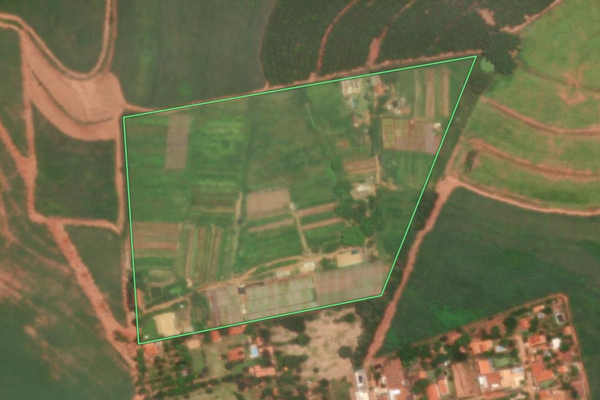 Imagem de satélite do imóvel rural em Guapiaçu (SP), com o contorno declarado no CAR desenhado por cima.
