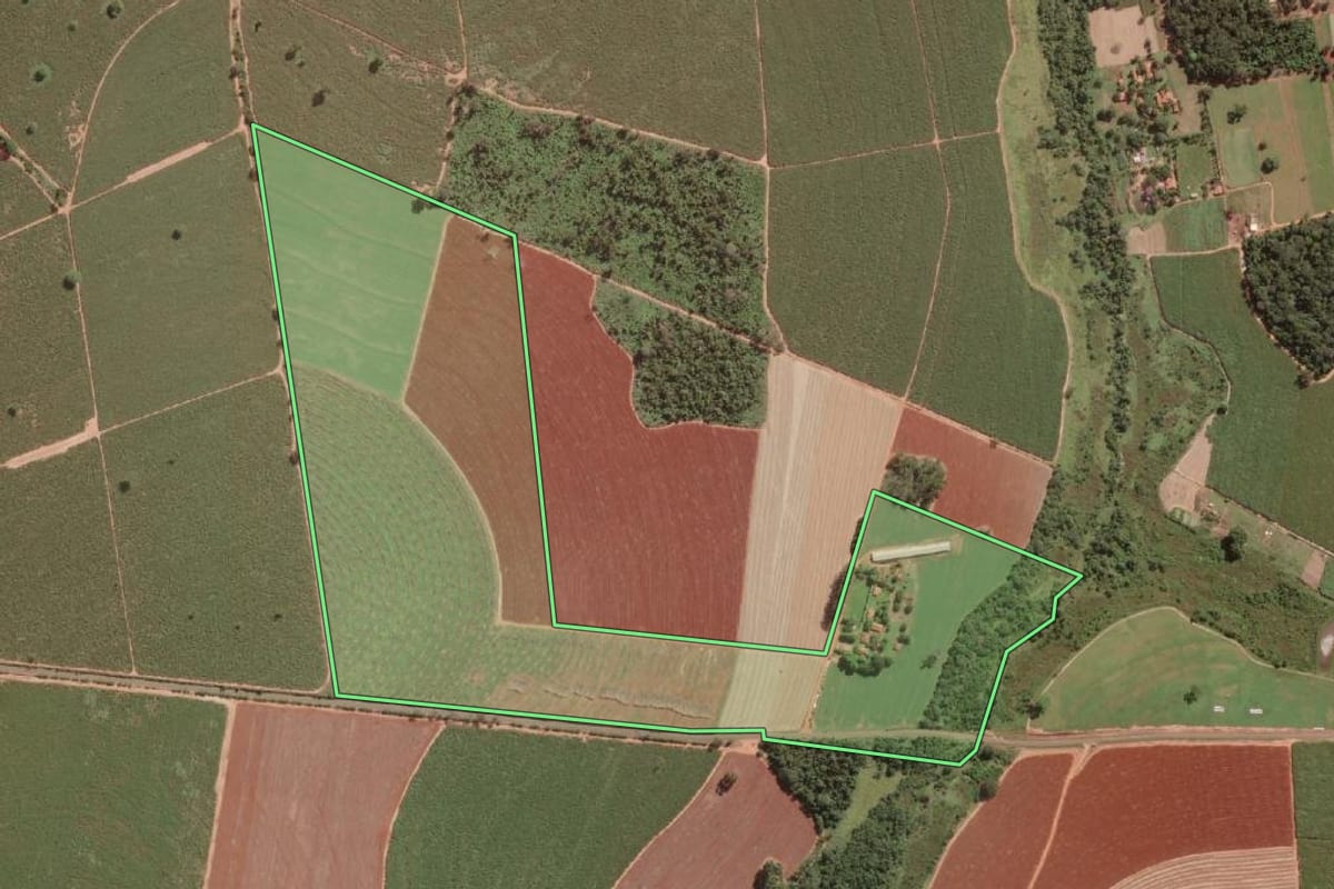 Imagem de satélite do imóvel rural em Guapiaçu (SP), com o contorno declarado no CAR desenhado por cima.