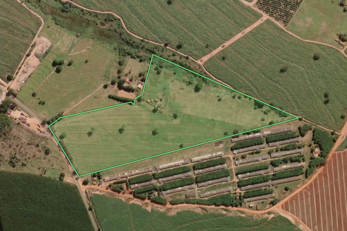Imagem de satélite do imóvel rural em Guapiaçu (SP), com o contorno declarado no CAR desenhado por cima.