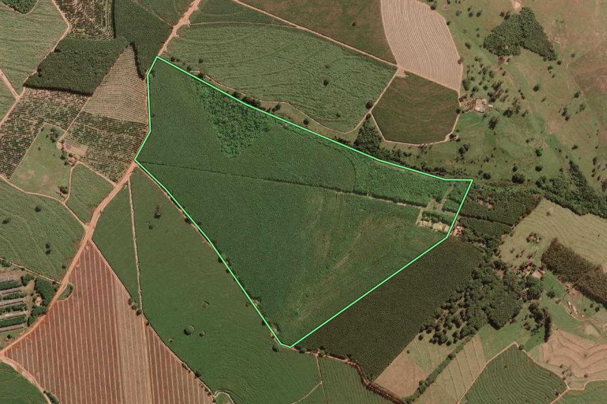 Imagem de satélite do imóvel rural em Guapiaçu (SP), com o contorno declarado no CAR desenhado por cima.