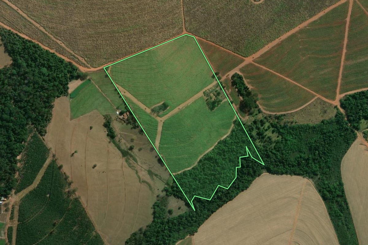Imagem de satélite do imóvel rural em Guapiaçu (SP), com o contorno declarado no CAR desenhado por cima.