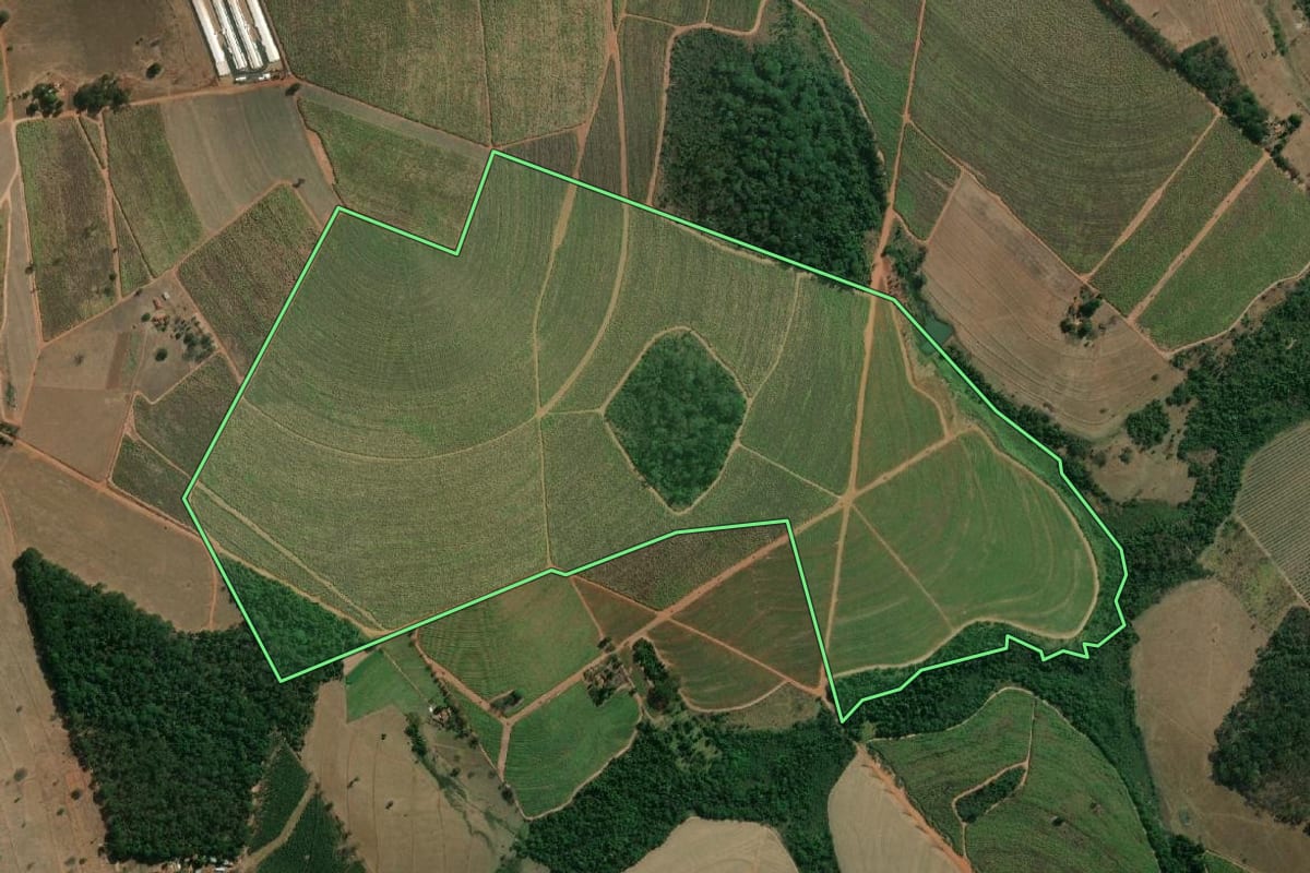 Imagem de satélite do imóvel rural em Guapiaçu (SP), com o contorno declarado no CAR desenhado por cima.