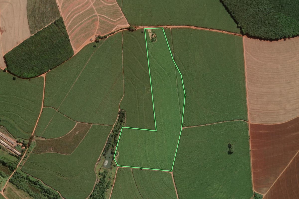 Imagem de satélite do imóvel rural em Guapiaçu (SP), com o contorno declarado no CAR desenhado por cima.