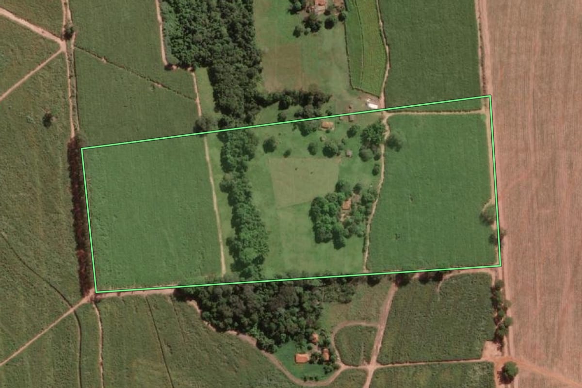 Imagem de satélite do imóvel rural em Guapiaçu (SP), com o contorno declarado no CAR desenhado por cima.