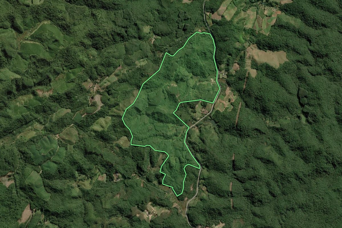 Imagem de satélite do imóvel rural em Guapiara (SP), com o contorno declarado no CAR desenhado por cima.