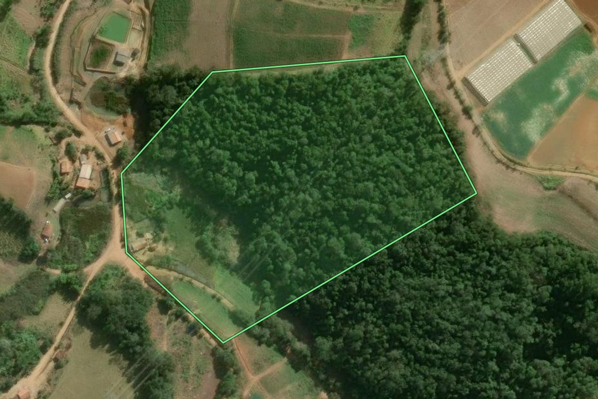 Imagem de satélite do imóvel rural em Guapiara (SP), com o contorno declarado no CAR desenhado por cima.