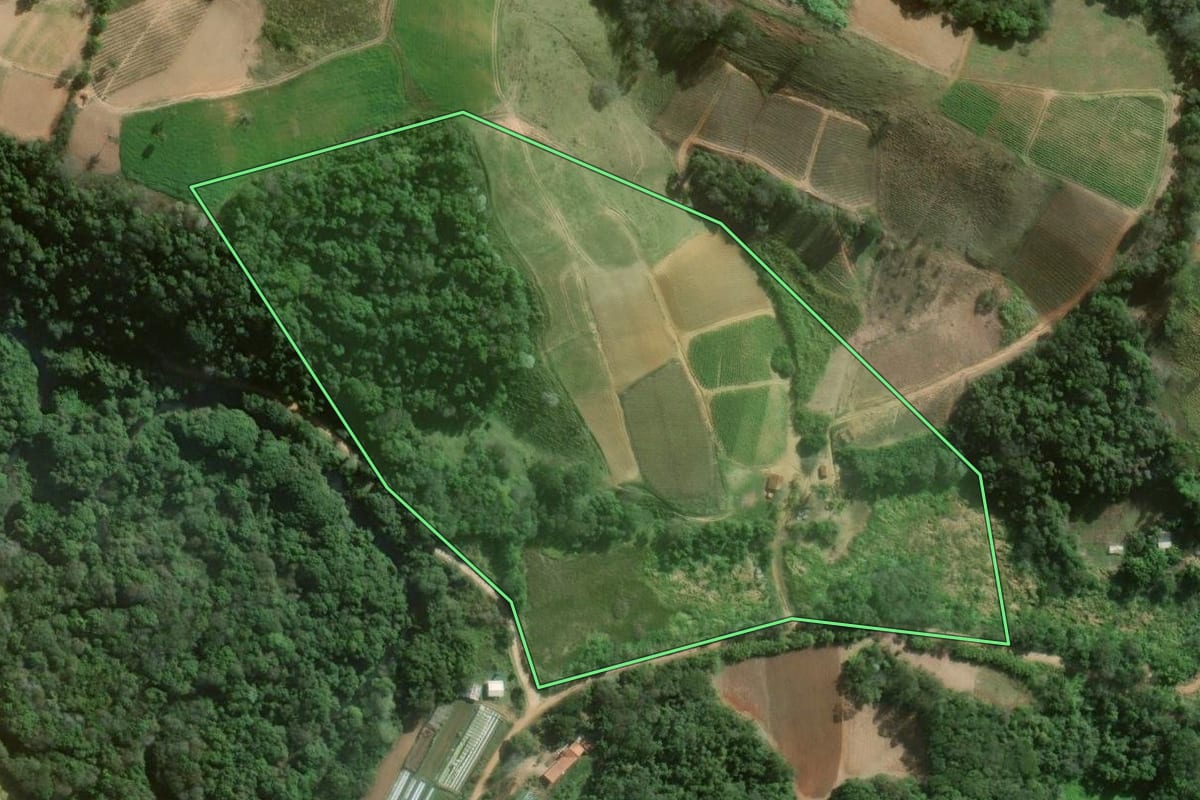 Imagem de satélite do imóvel rural em Guapiara (SP), com o contorno declarado no CAR desenhado por cima.