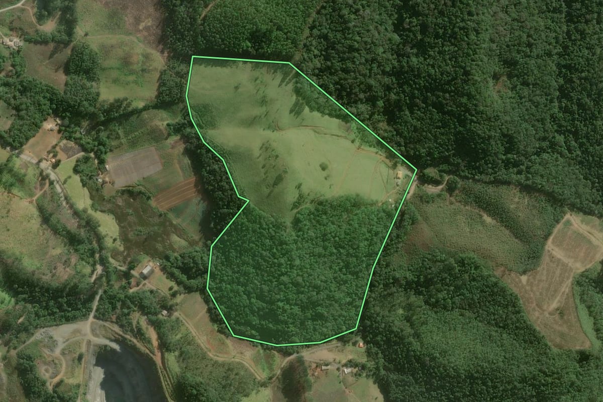 Imagem de satélite do imóvel rural em Guapiara (SP), com o contorno declarado no CAR desenhado por cima.