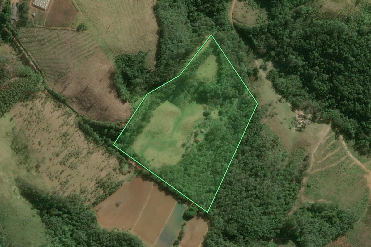 Imagem de satélite do imóvel rural em Guapiara (SP), com o contorno declarado no CAR desenhado por cima.