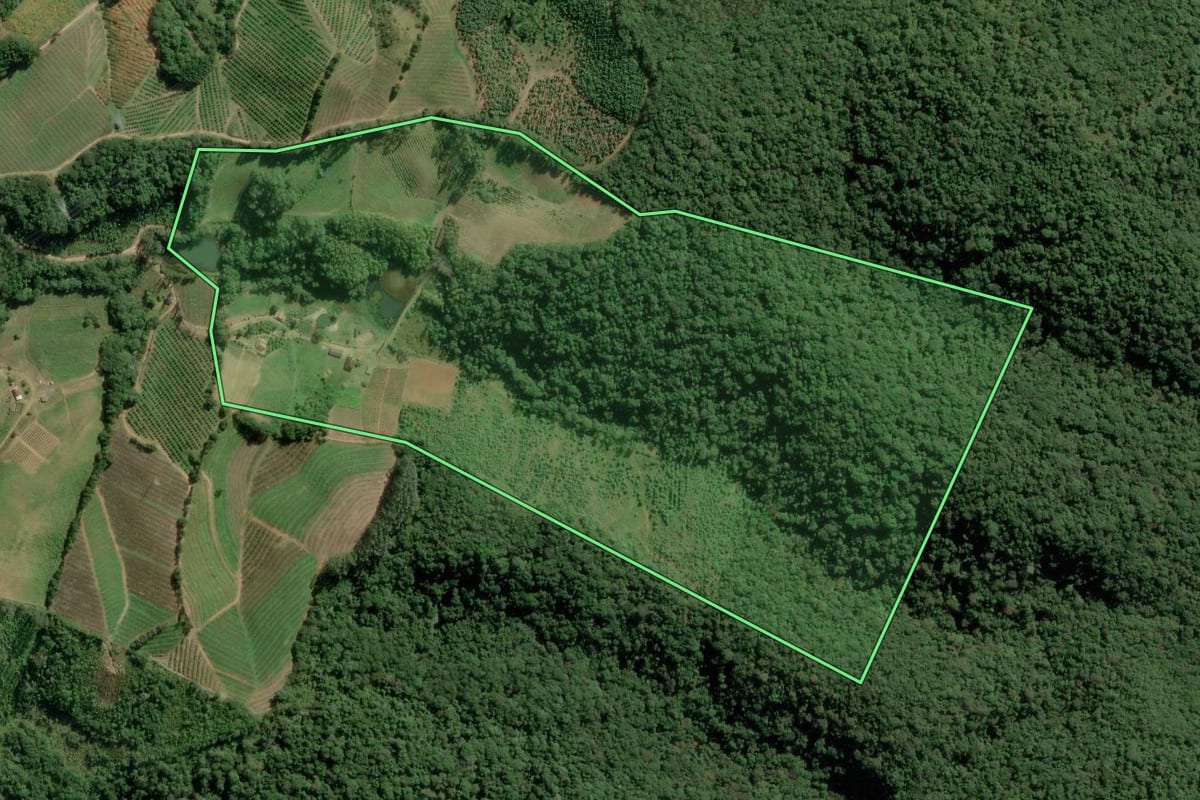 Imagem de satélite do imóvel rural em Guapiara (SP), com o contorno declarado no CAR desenhado por cima.