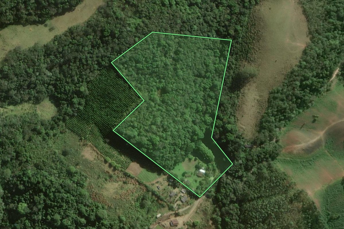 Imagem de satélite do imóvel rural em Guapiara (SP), com o contorno declarado no CAR desenhado por cima.